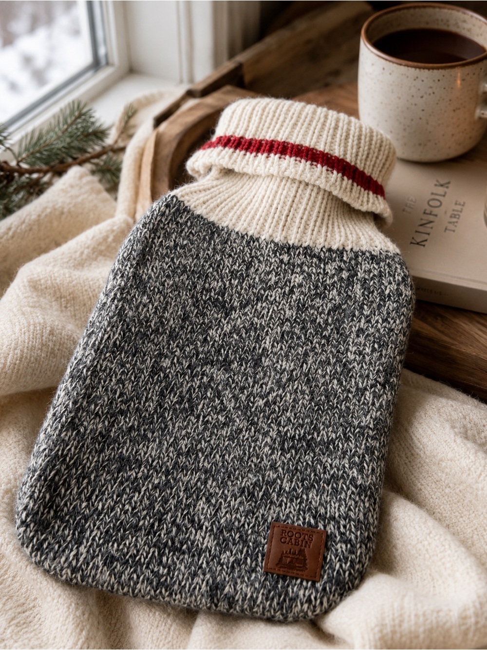 Roots Black and Cream Turtleneck Hot Water Bottle Cover with Red Stripe